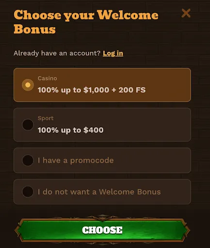 Choose Your Welcome Bonus – Casino or Sports Offer Welcome bonus selection screen showing four options: 100% up to $1,000 + 200 FS for casino, 100% up to $400 for sports, enter a promo code, or decline the welcome bonus.