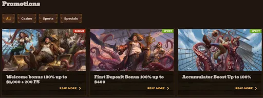 Fat Pirate Casino Promotions – Claim Up to $1,000 Bonus + Free Spins and Sports Offers. Fat Pirate promotions section featuring three pirate-themed bonuses: Welcome Bonus, First Deposit Bonus, and Accumulator Boost, with illustrated pirates and sea creatures.