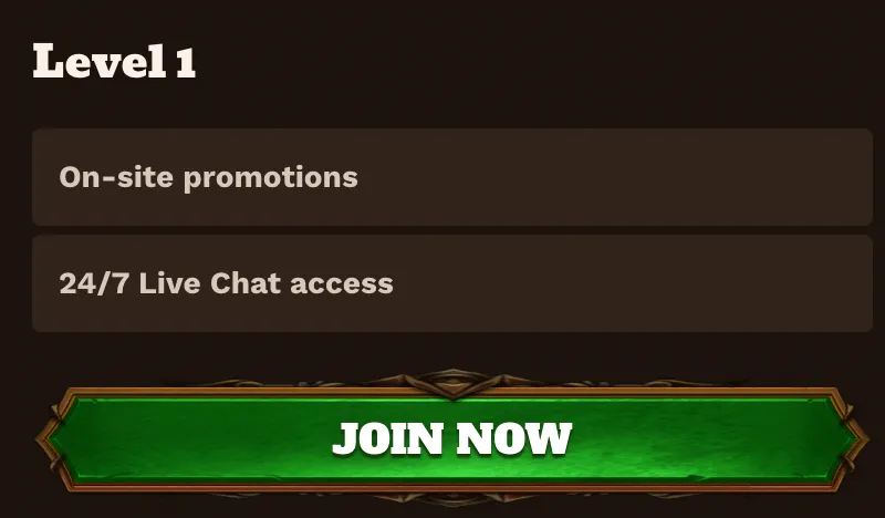 VIP Level 1 – Benefits and Access VIP Level 1 benefits include on-site promotions and 24/7 live chat access, with a green